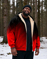 Big & Tall Men's Black And Red Gradient Print Velvet Thickened Zip Cardigan Hoodie